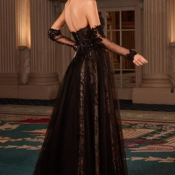 Black formal dress.Prom wedding guest black tie gala pageant military ball - Picture 3 of 5